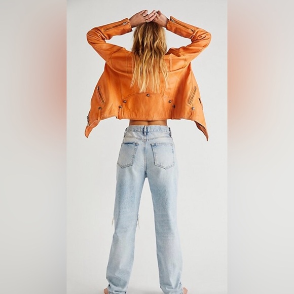 NWOT We The Free Jealousy Leather Moto Jacket M Tangerine Orange - Picture 5 of 14
